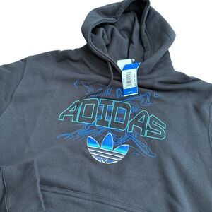 Adidas Originals Mens Trefoil Graphic Hoodie Black Blue Teal Pullover L HI2974
